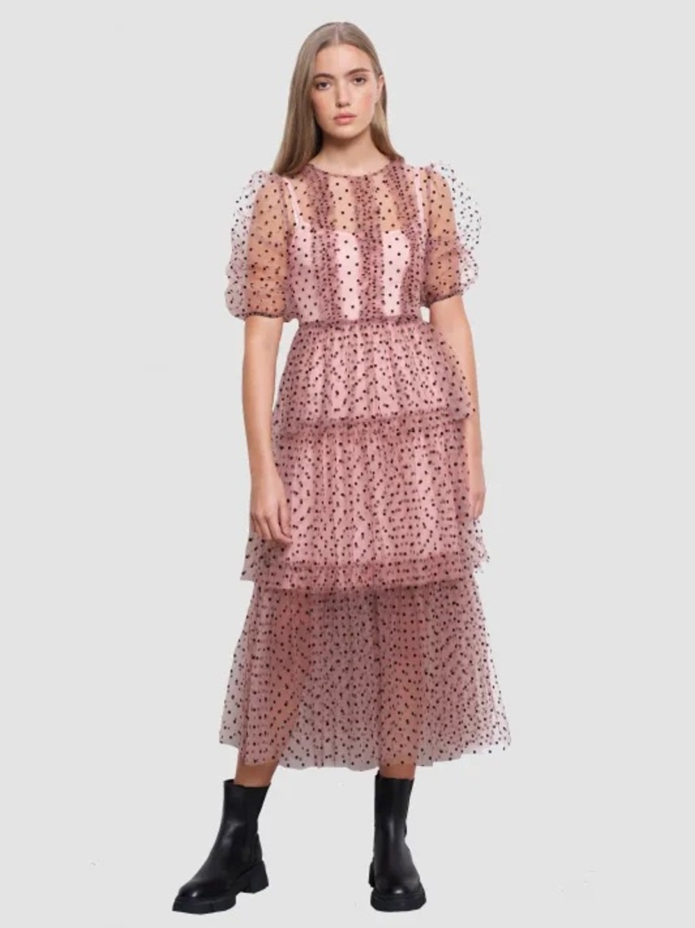 AMYLYNN Annie Pink Spot Mesh Ruffle Tiered Midi Dress Size L